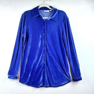 D&CO Blue Velvet Button Shirt Womens XS Coastal Beachy Resort Brunch Travel Soft